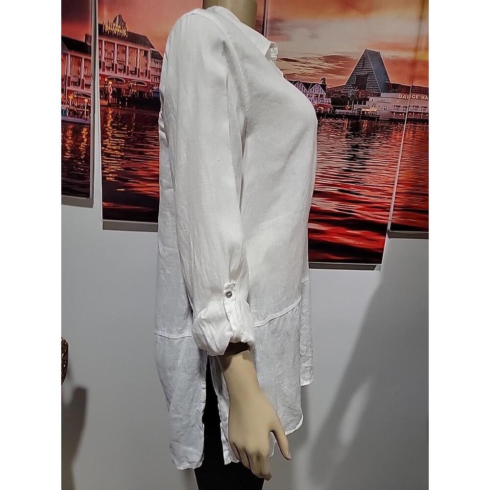 Tahari 100% Linen White Size M Roll-tab Sleeves Button Down Shirt Tunic Top #C - Picture 5 of 12